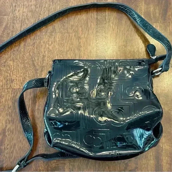 Liz Claiborne Black Faux Patent Leather Crossbody Purse Shoulder Bag Glossy Logo - Picture 7 of 13